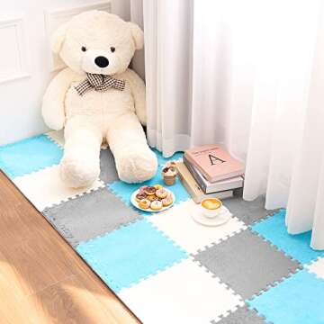 18 Pcs Plush Foam Floor Mat Square Interlocking Carpet Tiles with Border Fluffy Play Mat Floor Tiles Soft Climbing Area Rugs for Home Playroom Decor, 12 x 12 x 0.4 Inch (White, Light Gray, Royal Blue)