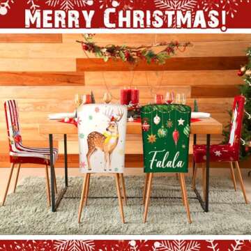 FuWeave 8 Pcs Christmas Chair Covers Santa Claus Xmas Stretch Chair Back Slipcovers Snowflake Snowman Gnome Tree Seat Cover Spandex Removable Washable Chair Protector for Dining Room Home (Stylish)