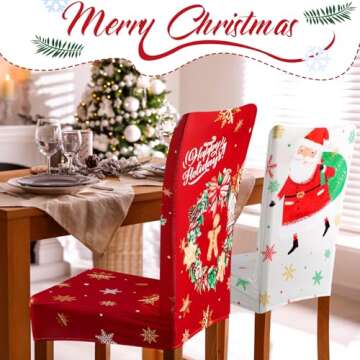 FuWeave 8 Pcs Christmas Chair Covers Santa Claus Xmas Stretch Chair Back Slipcovers Snowflake Snowman Gnome Tree Seat Cover Spandex Removable Washable Chair Protector for Dining Room Home (Stylish)