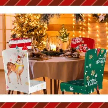 FuWeave 8 Pcs Christmas Chair Covers Santa Claus Xmas Stretch Chair Back Slipcovers Snowflake Snowman Gnome Tree Seat Cover Spandex Removable Washable Chair Protector for Dining Room Home (Stylish)