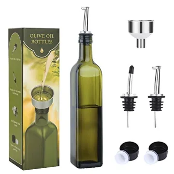 AOZITA 17oz Glass Olive Oil Bottle Dispenser - 500ml Green Oil and Vinegar Cruet with Pourers and Fu...