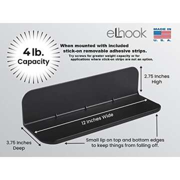 eLhook Made in USA Black Stick-On Removable Adhesive Floating Wall Shelf Durable Textured ABS Injection Molded Plastic with Lipped Edges | Designed for Stick-On Adhesives or Screws