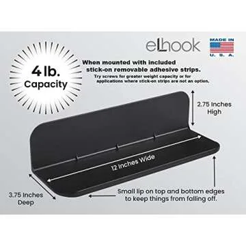 eLhook Made in USA Black Stick-On Removable Adhesive Floating Wall Shelf Durable Textured ABS Injection Molded Plastic with Lipped Edges | Designed for Stick-On Adhesives or Screws