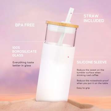 Tronco 20 oz Glass Tumbler Glass Water Bottle Straw Silicone Protective Sleeve Bamboo Lid - BPA Free -Black