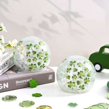 FRAMICS 2 PCS St Patricks Day Decorations 4" Shamrock Globe Night Light with Timer Clover Crackle Gl...