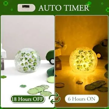 FRAMICS 2 PCS St Patricks Day Decorations 4" Shamrock Globe Night Light with Timer Clover Crackle Glass Ball Light for Table Centerpieces Lighted Decorative Ball Lamp Tabletop LED Light Decor Gift