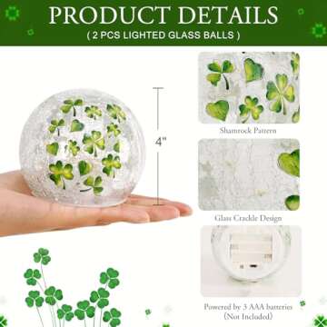 FRAMICS 2 PCS St Patricks Day Decorations 4" Shamrock Globe Night Light with Timer Clover Crackle Glass Ball Light for Table Centerpieces Lighted Decorative Ball Lamp Tabletop LED Light Decor Gift