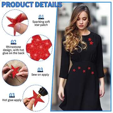 37Pieces 6 Sizes Star Iron on Patches, Rhinestone Appliques Glitter Star Patches Shiny Crystal Patches Adhesive Applique Hot Glue Rhinestone Patch for Clothing Jeans Shoes Bags Hats Repair Decoration