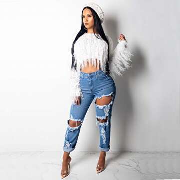 Winter Oversized Sweaters for Women - Batwing Sleeve Tassel Pullover Knit Pullover Sweaters Shirts Tunic Blouse Crop Top White, White