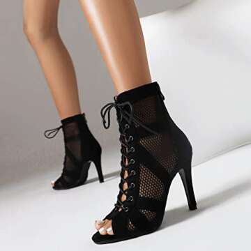 Scaoruki Women Bujur Dance Class Shoes Stiletto Heels Lace up Bootie Sandals Peep Toe Gladiator Sandals Party Heels Cage Shoes Suede Black Size 39