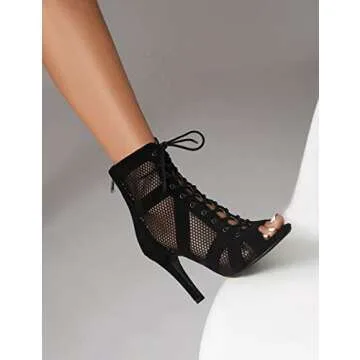 Scaoruki Women Bujur Dance Class Shoes Stiletto Heels Lace up Bootie Sandals Peep Toe Gladiator Sandals Party Heels Cage Shoes Suede Black Size 39