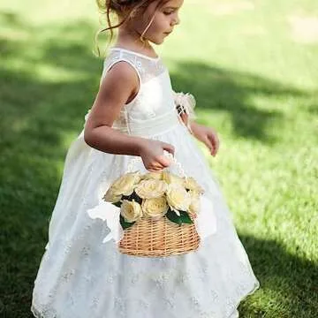 2 PCS Wicker Rattan Flower Girl Basket Wedding Flower Girl Basket with Pearl Handle and Bow Fairy Flower Basket Handwoven Easter Basket Wicker Basket for Wedding Flower Girl(Brown)