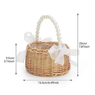 2 PCS Wicker Rattan Flower Girl Basket Wedding Flower Girl Basket with Pearl Handle and Bow Fairy Flower Basket Handwoven Easter Basket Wicker Basket for Wedding Flower Girl(Brown)