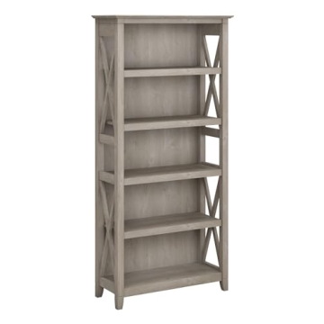 Bush Furniture Tall 5 Shelf Bookcase - Modern Farmhouse Style, Key West Collection, Washed Gray
