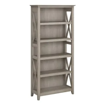 Bush Furniture Tall 5 Shelf Bookcase - Modern Farmhouse Style, Key West Collection, Washed Gray