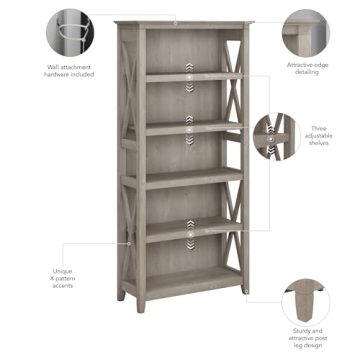 Bush Furniture Tall 5 Shelf Bookcase - Modern Farmhouse Style