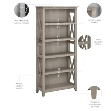 Bush Furniture Tall 5 Shelf Bookcase - Modern Farmhouse Style