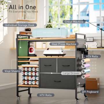 PUNLUXU Organizers and Storage Compatible with Cricut Machines - Vinyl Roll Holder, DIY Pegboard with Accessories Organizer, Rolling Craft Table with Storage Cabinet Workstation PU-01 Patent Protected