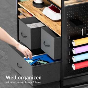 PUNLUXU Organizers and Storage Compatible with Cricut Machines - Vinyl Roll Holder, DIY Pegboard with Accessories Organizer, Rolling Craft Table with Storage Cabinet Workstation PU-01 Patent Protected