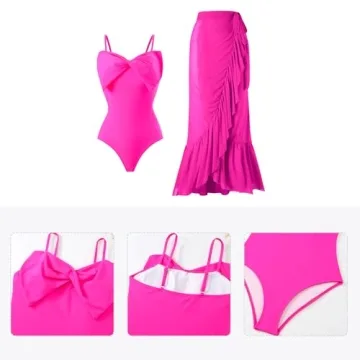 Bikini Sets for Womens Bathing Suits with Cover Up Set Floral One Piece Swimwear Beachwear for Women Summer High Waist Swimsuit with Pareo Sarong Long Skirt Wrap Coverup Set Hot Pink Bow M