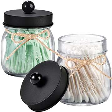 SheeChung 6 Pack Qtip Holders with Labels, Bathroom Organizers and Storage, Bathroom Decor, Apothecary Jars with Lids, Small Mason Jars for Qtips, Cottons, Floss, Balls, Cotton Swabs-Black