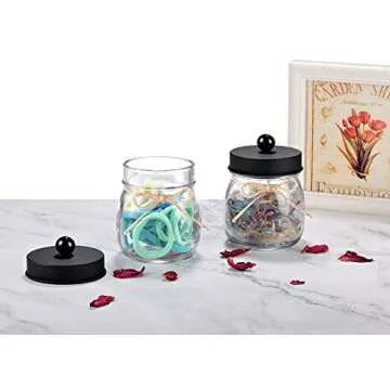 SheeChung 6 Pack Qtip Holders with Labels, Bathroom Organizers and Storage, Bathroom Decor, Apothecary Jars with Lids, Small Mason Jars for Qtips, Cottons, Floss, Balls, Cotton Swabs-Black