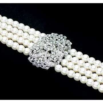BABEYOND 1920s Gatsby Pearl Necklace Vintage Bridal Pearl Necklace Earrings Jewelry Set Multilayer Imitation Pearl Necklace with Brooch (Style 4-Silver)
