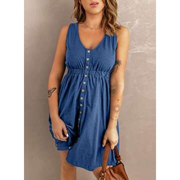 BLENCOT Casual Summer Dresses for Women V Neck Sleeveless Button Down Swing Short Dress Blue L