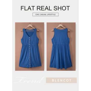BLENCOT Casual Summer Dresses for Women V Neck Sleeveless Button Down Swing Short Dress Blue L