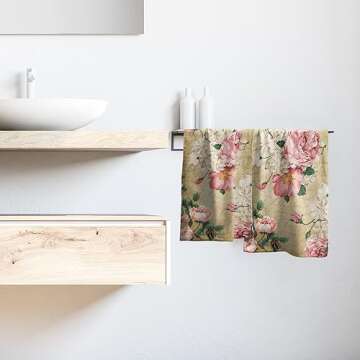 Vintage Rose Floral Hand Towels, 15x30 in Set of 2, Retro Pink Flower Leaves Stamp Hair Face Towel Soft Highly Absorbent Shabby Chic Beige Fingertip Towel for Bathroom Girl Woman Guest Gifts