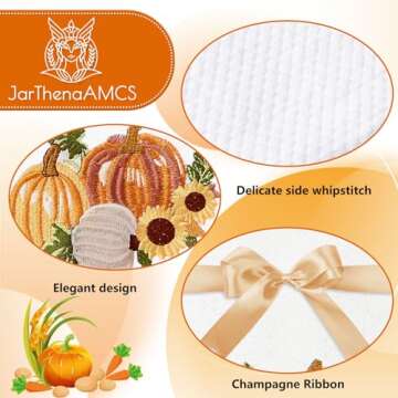 JarThenaAMCS 2Pcs Fall Hand Towels Pumpkin Sunflower Embroidered Cotton Bathroom Towels Autumn Dish Towels with Ribbons for Thanksgiving Drying Cleaning Cooking Gift, 30 x 14 Inch