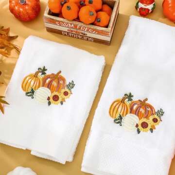 JarThenaAMCS 2Pcs Fall Hand Towels Pumpkin Sunflower Embroidered Cotton Bathroom Towels Autumn Dish Towels with Ribbons for Thanksgiving Drying Cleaning Cooking Gift, 30 x 14 Inch