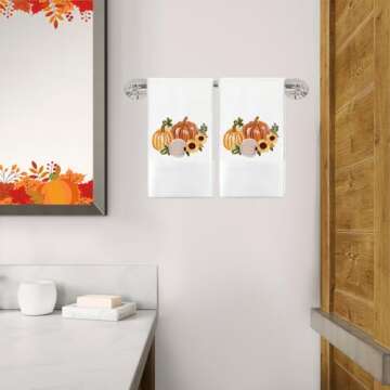 JarThenaAMCS 2Pcs Fall Hand Towels Pumpkin Sunflower Embroidered Cotton Bathroom Towels Autumn Dish Towels with Ribbons for Thanksgiving Drying Cleaning Cooking Gift, 30 x 14 Inch
