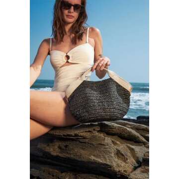 Kiss Sea Beach Straw Purse For Women Crossbody Bag Cute Handbags Lightweight Shoulder Bag For Summer Vacation Holiday (Black)