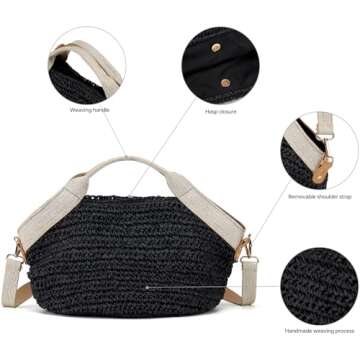 Kiss Sea Beach Straw Purse For Women Crossbody Bag Cute Handbags Lightweight Shoulder Bag For Summer Vacation Holiday (Black)