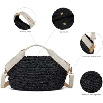 Kiss Sea Beach Straw Purse For Women Crossbody Bag Cute Handbags Lightweight Shoulder Bag For Summer Vacation Holiday (Black)