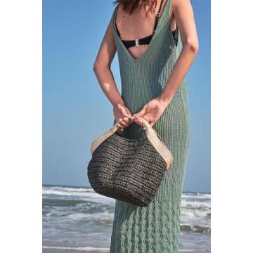 Kiss Sea Beach Straw Purse For Women Crossbody Bag Cute Handbags Lightweight Shoulder Bag For Summer Vacation Holiday (Black)