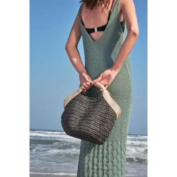 Kiss Sea Beach Straw Purse For Women Crossbody Bag Cute Handbags Lightweight Shoulder Bag For Summer Vacation Holiday (Black)