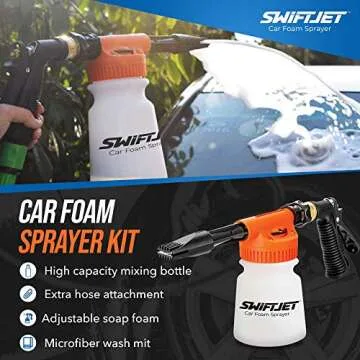 SwiftJet Car Wash Foam Gun + Microfiber Wash Mitt - Car Foam Sprayer - Car Wash Kit - Foam Cannon Garden Hose Sprayer - - Car Accessories for Men - Snow Foam Blaster (Orange Foam Gun with Mitt)