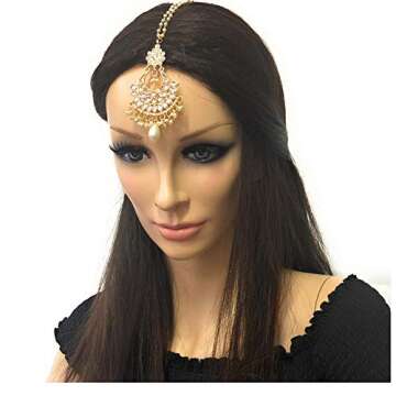 Bridal Ethnic Pakistani Indian Gold Plated Big Tika Head Ornament Kundan Drop Pearl