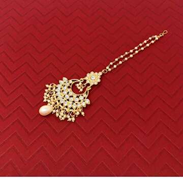 Bridal Ethnic Pakistani Indian Gold Plated Big Tika Head Ornament Kundan Drop Pearl