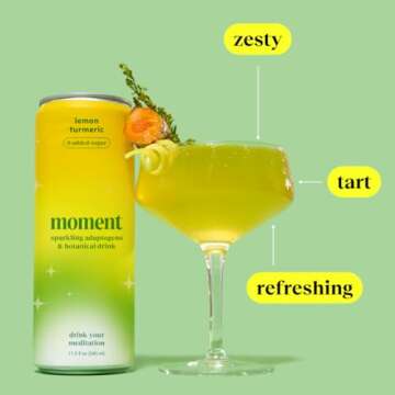 Moment Botanical Soda Soft Drink (Shark Tank) - SPARKLING Non Alcoholic Drinks | Lemon Turmeric | | L-Theanine & Ashwagandha for Calm & Clarity | 0 Added Sugar 0 Caffeine | 12-pack