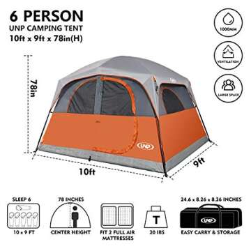 UNP Tents 6 Person Waterproof Windproof Easy Setup,Double Layer Family Camping Tent with 1 Mesh Door...