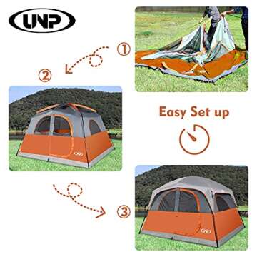 UNP Tents 6 Person Waterproof Windproof Easy Setup,Double Layer Family Camping Tent with 1 Mesh Door & 5 Large Mesh Windows -10'X9'X78in(H) Orange