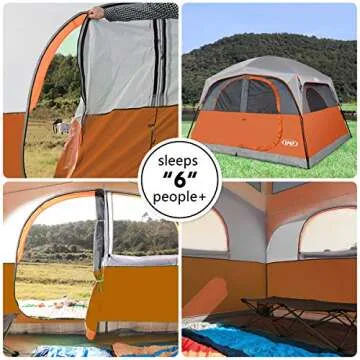 UNP Tents 6 Person Waterproof Windproof Easy Setup,Double Layer Family Camping Tent with 1 Mesh Door & 5 Large Mesh Windows -10'X9'X78in(H) Orange
