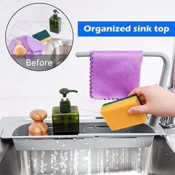 NiHome Telescopic Kitchen Over Sink Organizer with Towel Hanger, Expandable Slim Drain Basket Multif...