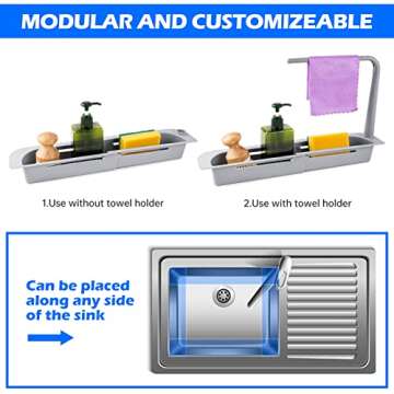 NiHome Telescopic Kitchen Over Sink Organizer with Towel Hanger, Expandable Slim Drain Basket Multifunctional Caddy Adjustable Length Colander Rack Sponge Holder Storage Tray for Home Bathroom (Grey)