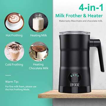 OFOOR Milk Frother - 11.8oz/5.4oz Large Capacity Milk Steamer for Hot and Cold Milk Froth - Silent Operation Double Wall Design - 4 in 1 Electric Automatic Milk Frother Heater for Latte & Cappuccino