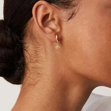 PAVOI 14K Yellow Gold Plated 925 Sterling Silver Post Huggie With Dangle | Small Gold Hinged Hoop Ea...