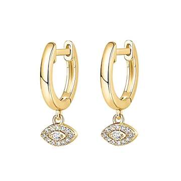 PAVOI 14K Yellow Gold Plated 925 Sterling Silver Post Huggie With Dangle | Small Gold Hinged Hoop Earrings For Women | Trendy Evil Eye Dangle Hoop Earrings | CZ Huggie Earrings